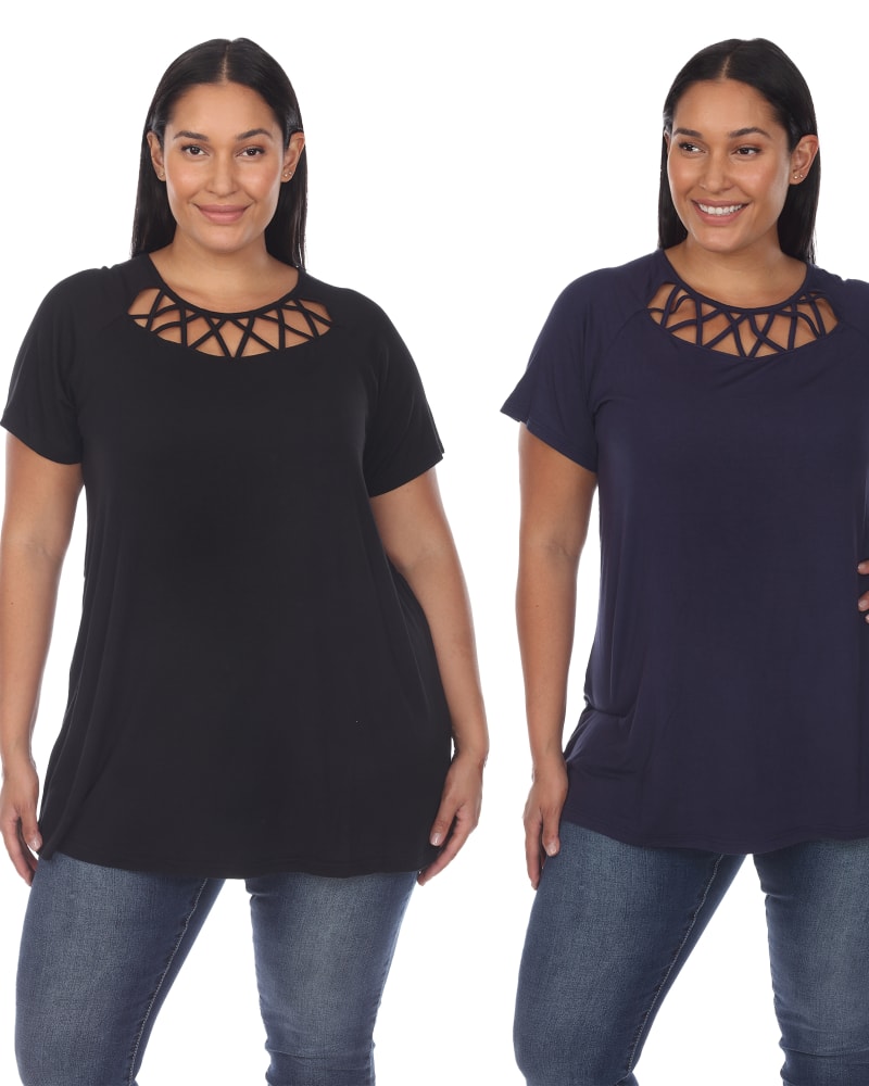 Side of a model wearing a size 1X Essential 2 Pack Crisscross Short Sleeve Top in Black Navy by White Mark. | dia_product_style_image_id:249978